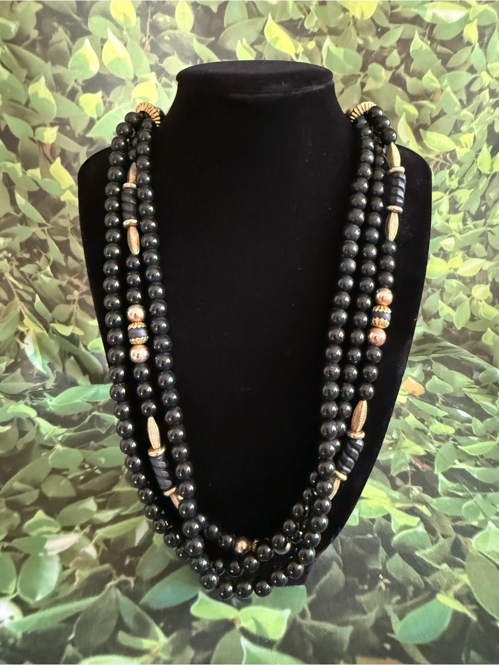 1928 Black Bead Triple Strand Collar Necklace Gold Tone Victorian Revival